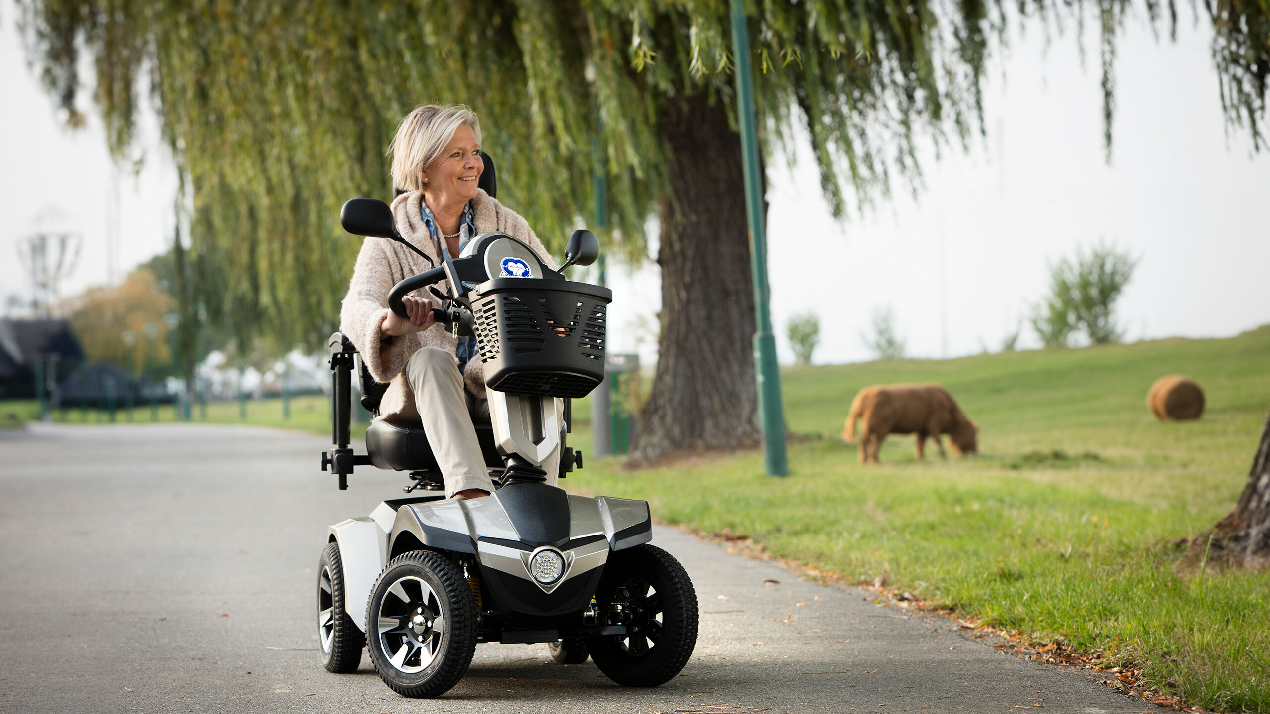 Eine ältere Dame fährt mit ihrem Seniorenmobil.